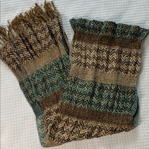 Cejon turquoise, tan, brown, and black chevron print woven scarf